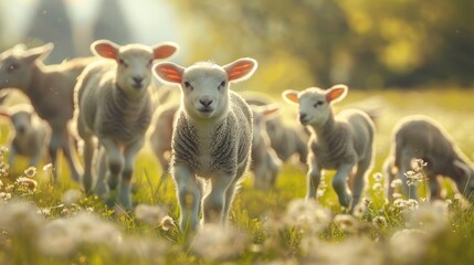 Fototapeta premium Lambs frolicking in a spring meadow alongside their mothers as Easter approaches