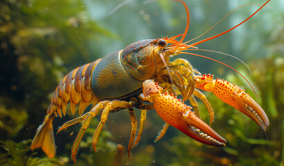 Closeup of a freshwater crayfish underwater in its habitat