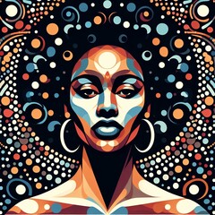 A portrait of a woman with dark skin and dark curly hair. 