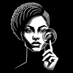 An African American woman holding a magnifying glass to her eye.