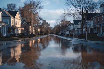 Fototapeta premium Reflective Flooded Street in Serene Residential Neighborhood