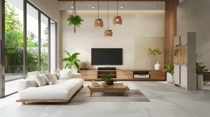 Modern living room with elegant decor and greenery