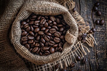 Large quantities of coffee beans are collected in a gunny sack. Finished coffee beans are stored. Photo of coffee bean products.