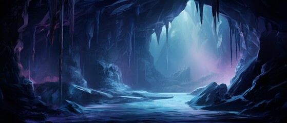 Mystical cave, glowing crystals, underground river, low light, wide shot, mysterious anime style