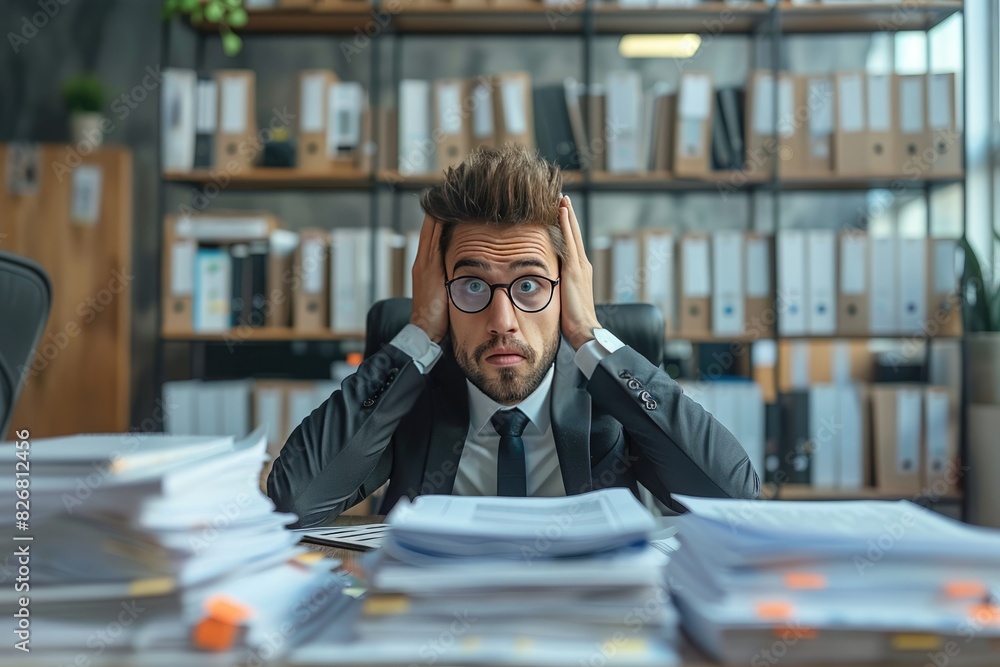 Poster a man in a suit is sitting at a desk with a pile of papers in front of him. he is looking at the pap