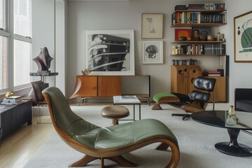 Modern New York apartment, mid-century modern furniture and decor, green armchairs, neutral colors, wooden bookshelves, large Windows with sun,