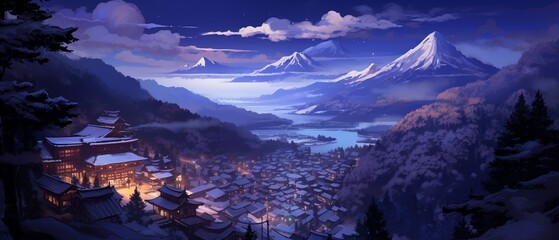Serene mountain village, snow-covered rooftops, twilight, cool blue hues, wide shot, tranquil anime style