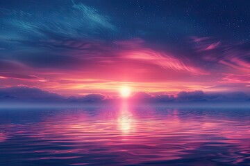 Obraz premium A beautiful sunset over the ocean with a pink and blue sky. The water is calm and the sun is setting