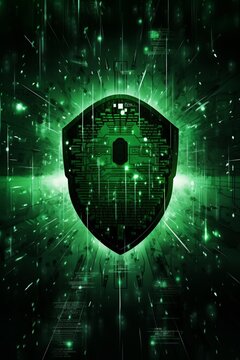 Shield with binary code, digital protection, green and black colors, abstract design