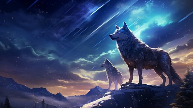Snowy landscape, aurora borealis, wolves howling, cold night, wide shot, mystical anime style