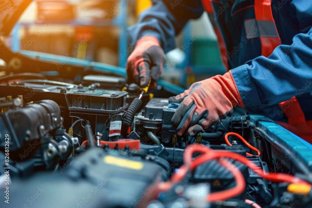 Poster a mechanic is working on a car engine. the mechanic is wearing gloves and is focused on the task at 