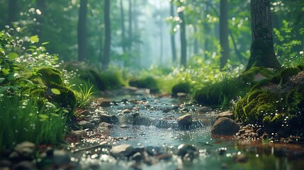 Fresh view of a lush forest with a babbling brook