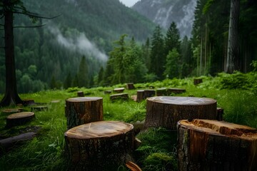 Fototapeta premium Serene Forested Glade with Weathered Tree Stumps in Tranquil Mountain Landscape