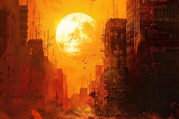 Obraz premium Sleek Heatwave in an Urban Dystopian Cityscape with Visible Heatwaves and Striking Fiery Sky