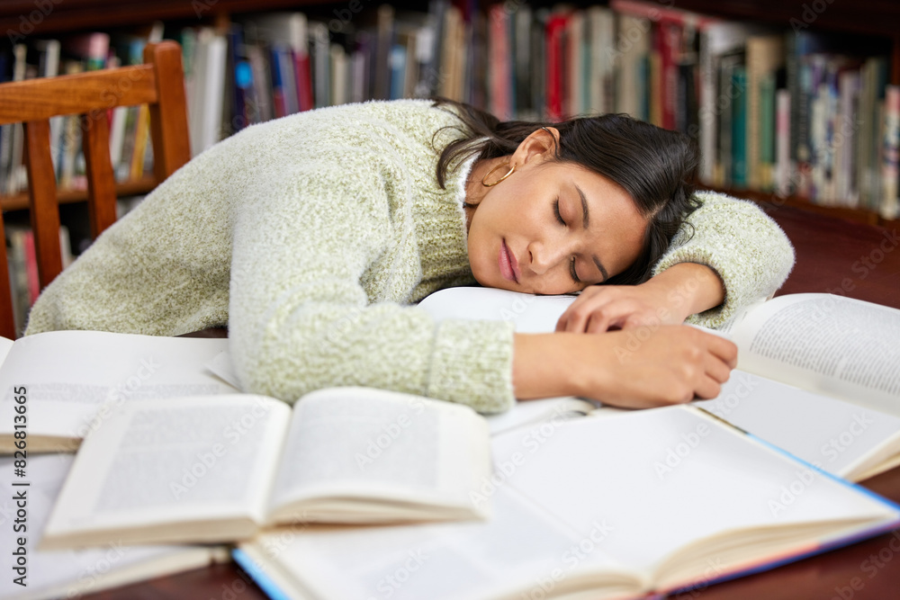 Poster student, sleeping woman and library book with study, exam and course research for project at school.