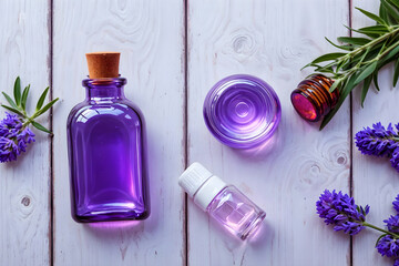 Aromatherapy essential oil bottles with lavender flowers on white wooden ground.