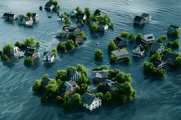 Naklejka premium Surreal Coastal Landscape with Inundated Islands and Submerged Structures Amid Rising Sea Levels