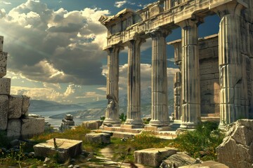 Naklejka premium Serene view of sunlit greek temple ruins with scenic clouds and landscape