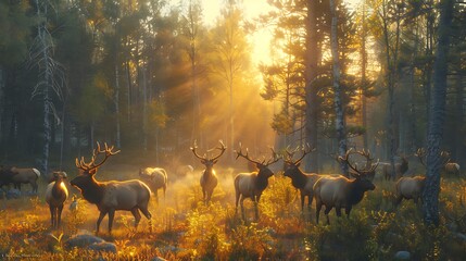 Fresh view of a herd of elk in a forest clearing