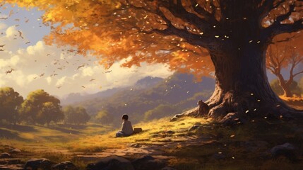 Anime character reading under a large tree, scattered autumn leaves, peaceful meadow, gentle breeze, medium shot