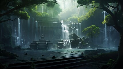 Forest temple, waterfalls, morning mist, spiritual aura, wide shot, serene anime style