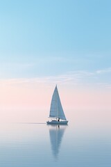 Individual on a sailboat, open sea, gentle breeze, sense of freedom, wide shot