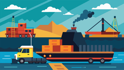 Naklejka premium The barge comes to a stop at a dock where cranes and forklifts carefully unload the coal onto trucks waiting to transport it to its final destination.. Vector illustration