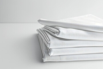 New clean folded bed linens on table indoors on white background