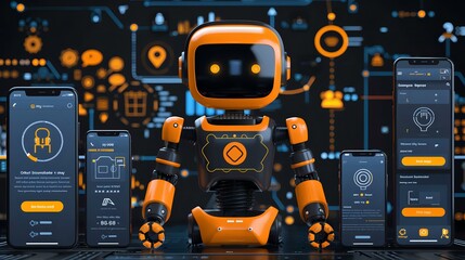 generated design features a futuristic robot surrounded by multiple smartphones displaying advanced interfaces