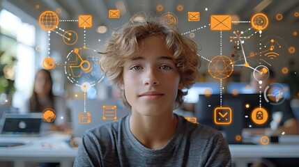 features a young person surrounded by a digital network of icons and holographic elements