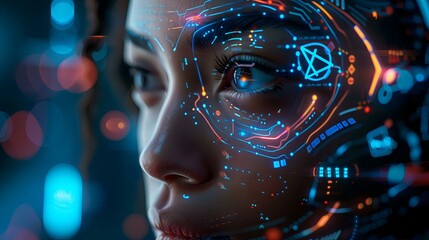 features a woman's face intricately blended with glowing digital circuits and holographic elements