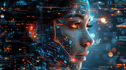 generated design features a woman's profile seamlessly integrated with complex digital circuitry and glowing neon elements