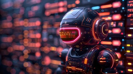This futuristic AI design showcases a sleek, high-tech robot with vibrant neon lights against a backdrop of digital data streams