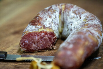 Rustic Blumenau salami, aged smoked and with probiotic mold on the surface