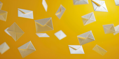 Letter envelopes falling, yellow background 