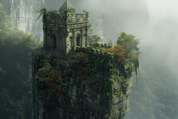 Captivating fantasy image of an overgrown temple perched on a cliff in a fogladen landscape