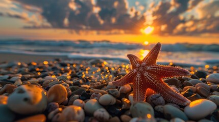 Starfish on a pebbly shore during sunset - Powered by Adobe