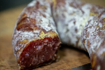 Rustic Blumenau salami, aged smoked and with probiotic mold on the surface