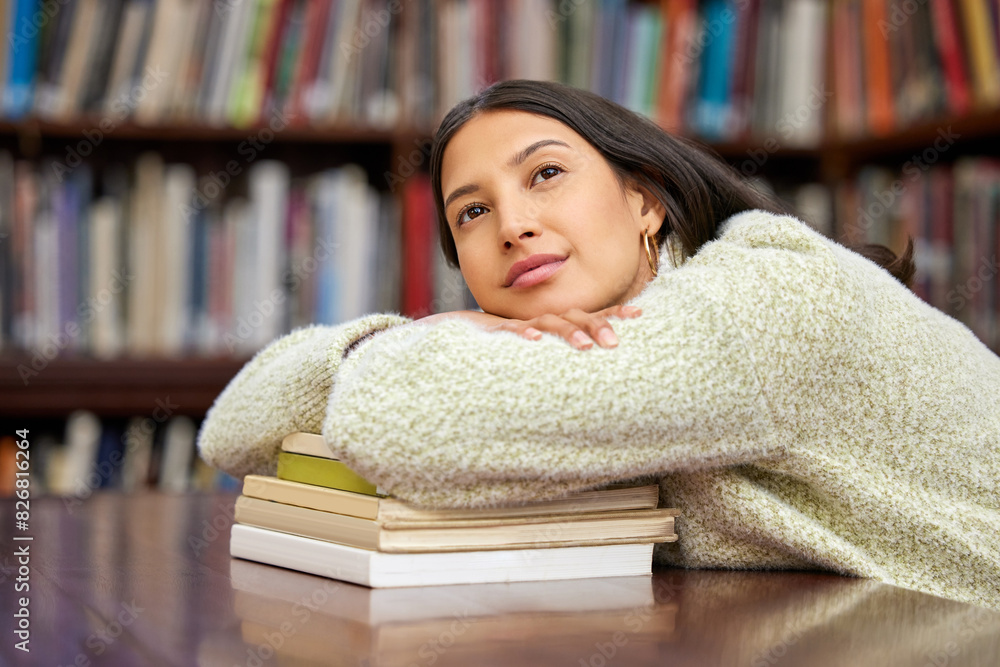 Poster university, thinking and student with books in library for research, college project and learning. e