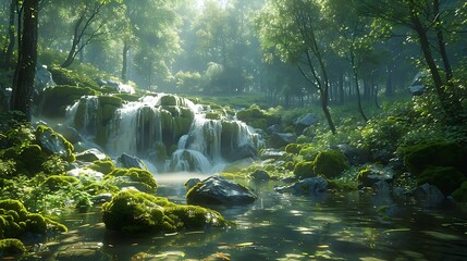Fresh view of a forest with a waterfall and moss-covered rocks under a clear sky - Powered by Adobe