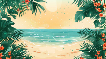 Tropical summer sand beach and palm on sea sky background, copy space. Summer vacation and travel concept.