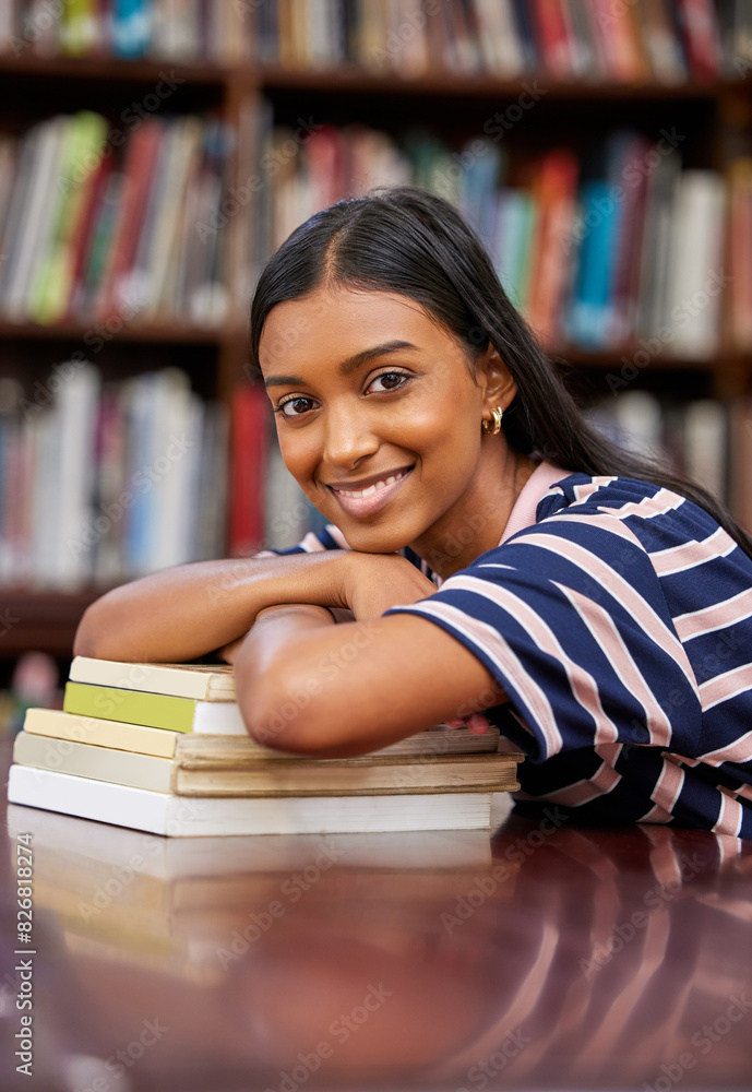 Poster student, library and books with portrait of woman with textbook for knowledge, education and study h