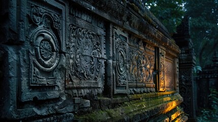 Elaborate Engravings Decorate an Old Stone Wall in the Evening