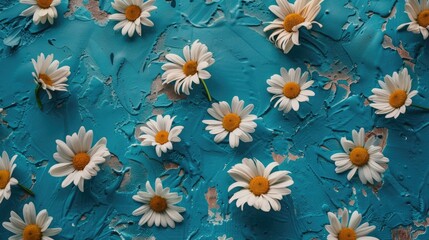 Daisies displayed on a blue surface from above Summertime theme Flat lay composition