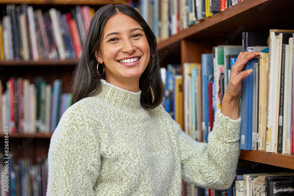 Poster woman, student and bookshelf in library for portrait with smile for education, development or studyi