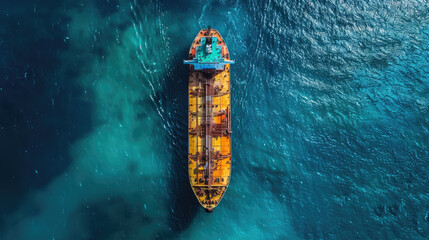 Aerial view of oil tanker ship on the open ocean, oil sea transportation 