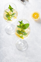 Hugo Spritz Cocktail Made with Sparkling Wine, Lemon, Mint and Elderberry Liqueur