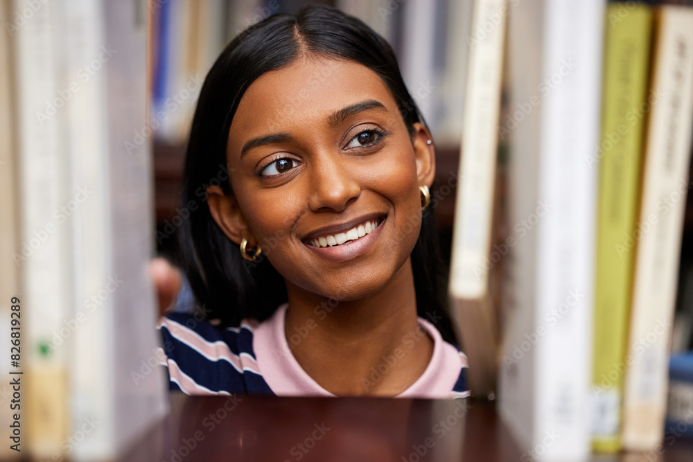 Poster student, library books and thinking of woman with textbook for knowledge, education and study hall. 