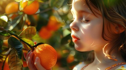 A young girl intimately engaging with the scent of a fresh citrus fruit in a sunlit grove. A young girl inhales the fresh scent of an orange amidst the warm glow of a citrus grove at sunset. AIG50