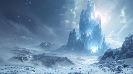 crystalline alien with advanced lightbased communication on a barren icy planet with shimmering ice caves